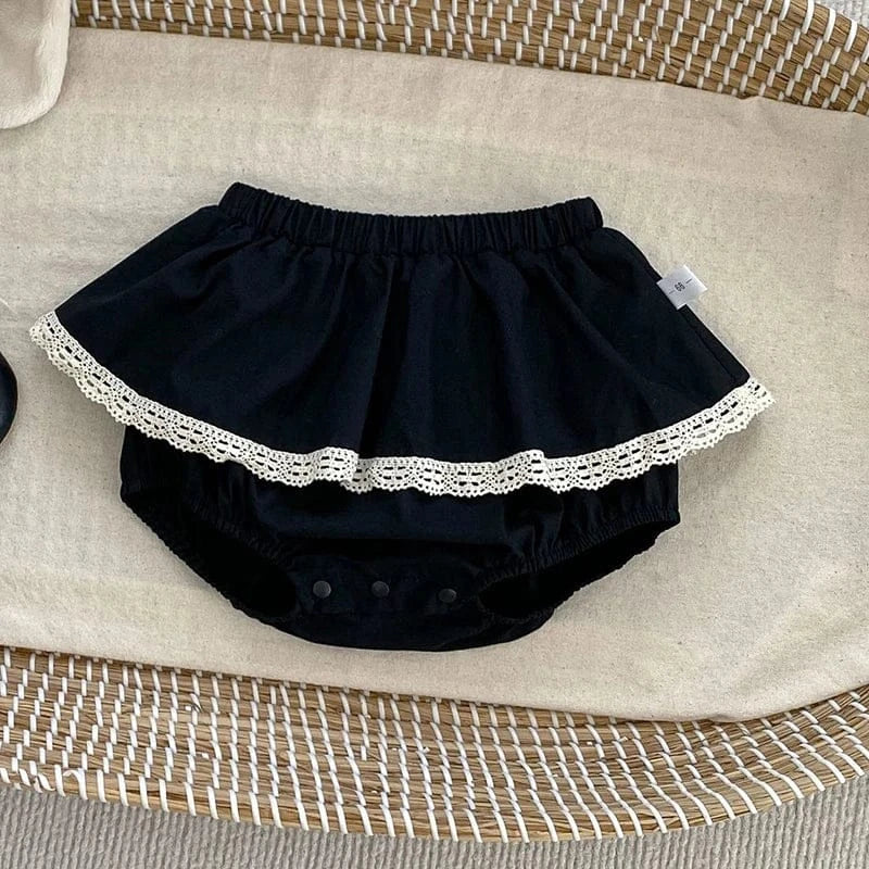 長袖セットアップ black shorts / 6M 66cm ベビートップス/ブルマ リボン丸襟長袖Tシャツブラウス/フリルレースブルマパンツ 2カラー【mh0007186】