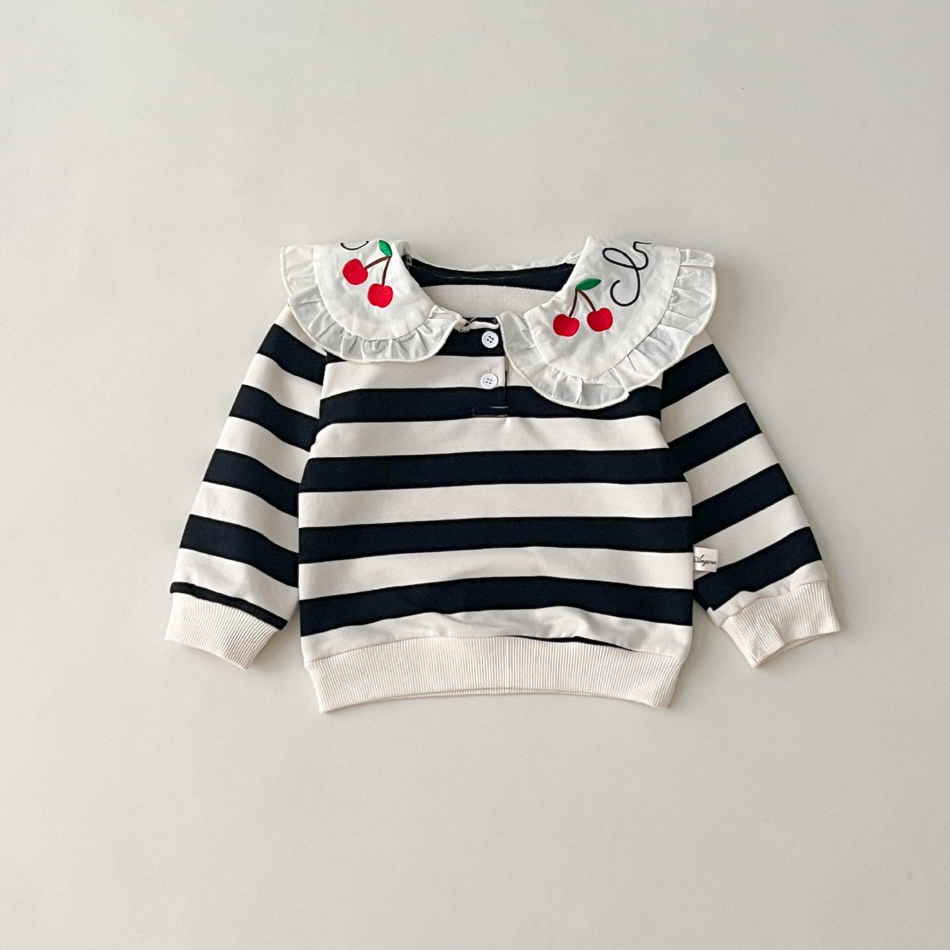 長袖シャツ・ブラウス black stripe / 80cm キッズ 長袖スウェットシャツ ボーダー フリルカラー チェリー さくらんぼ刺繍 ガールズ 女の子 子供服 7769