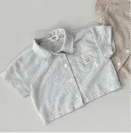 半袖シャツ・ブラウス black stripe top / 66cm 0-6m ベビートップス/パンツ 半袖ストライプシャツ/ポケットカーゴショートパンツ 2カラー