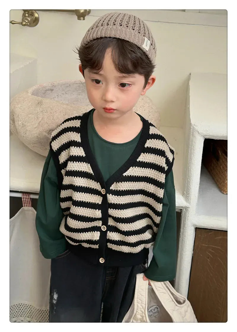 ベスト Black striped vest / 18M (80cm) キッズベスト ボーダー柄ニットベスト イエロー/ブラック/2カラー