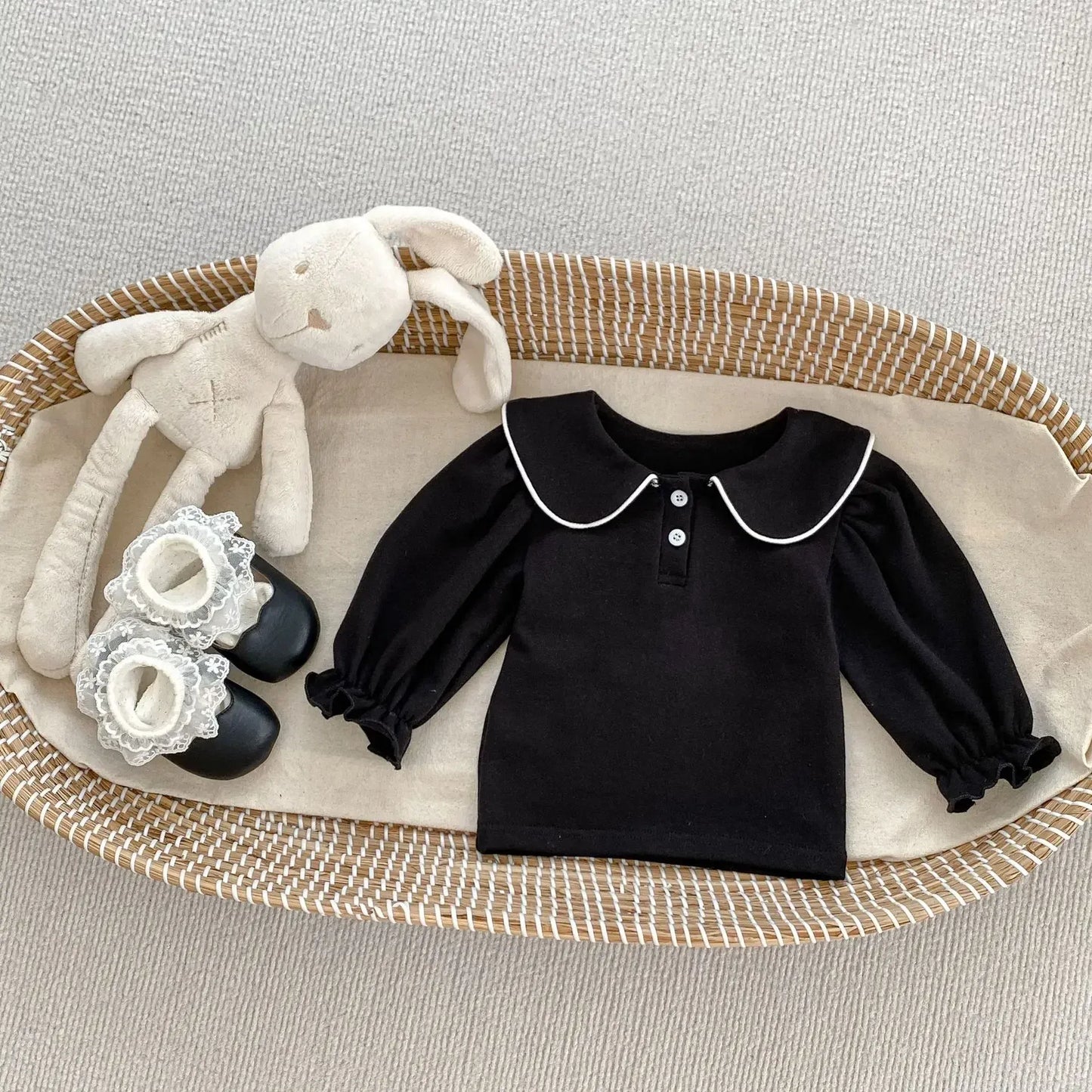 長袖セットアップ black t shirt / 66cm 0-6m ベビートップス/パンツ 丸襟長袖ブラウス/チェックサスペンダーフリルスカートブルマパンツ【mh0007056】