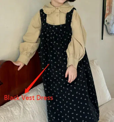 長袖セットアップ black vest dress / 100cm 2-3y キッズトップス/ワンピース フリル丸襟シャツブラウス/フラワープリントサスペンダーワンピース【mh0007421】