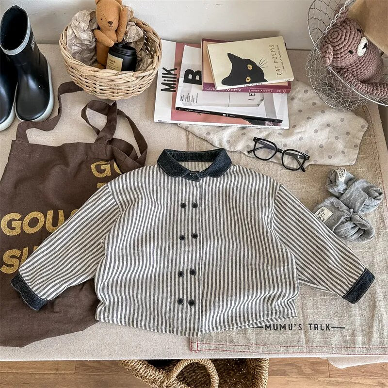 長袖シャツ・ブラウス black white stripe / 80cm / 取り寄せ（7〜21日） キッズ長袖シャツ トップス ストライプ ルーズ ブルー ブラック 2カラー ボーイズ 男の子 子供服