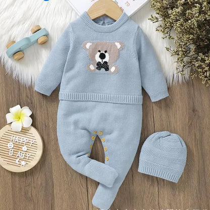 長袖ロンパース Blue / 0-1M  59cm ベビーロンパース帽子セット ベアくま柄ニットドッキング長袖ジャンプスーツ ニット帽セット ブルー【mh0006820】