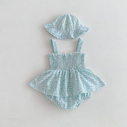 ノースリーブロンパース Blue / 0-6M 66cm ベビーロンパース 帽子セット キャミソールシャーリングスカートボディスーツ チューリップハット 2カラー【mh0006527】