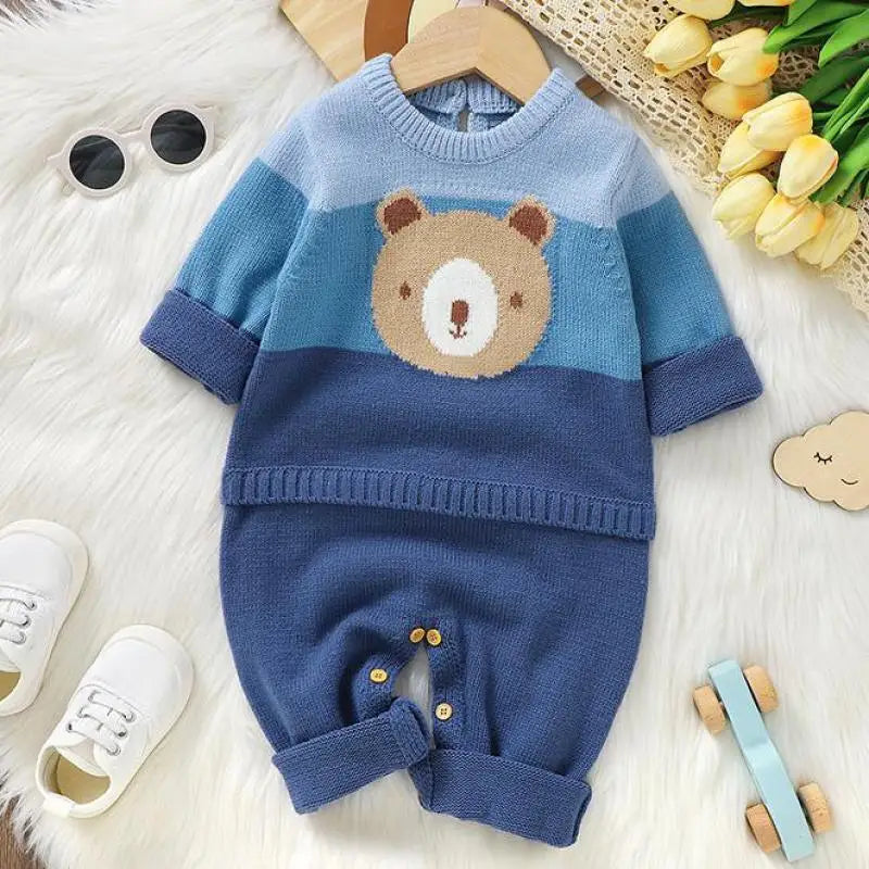 長袖ロンパース blue / 1-3M  62cm ベビーロンパース ベアくまワッペンボーダーニットドッキングジャンプスーツ 3カラー