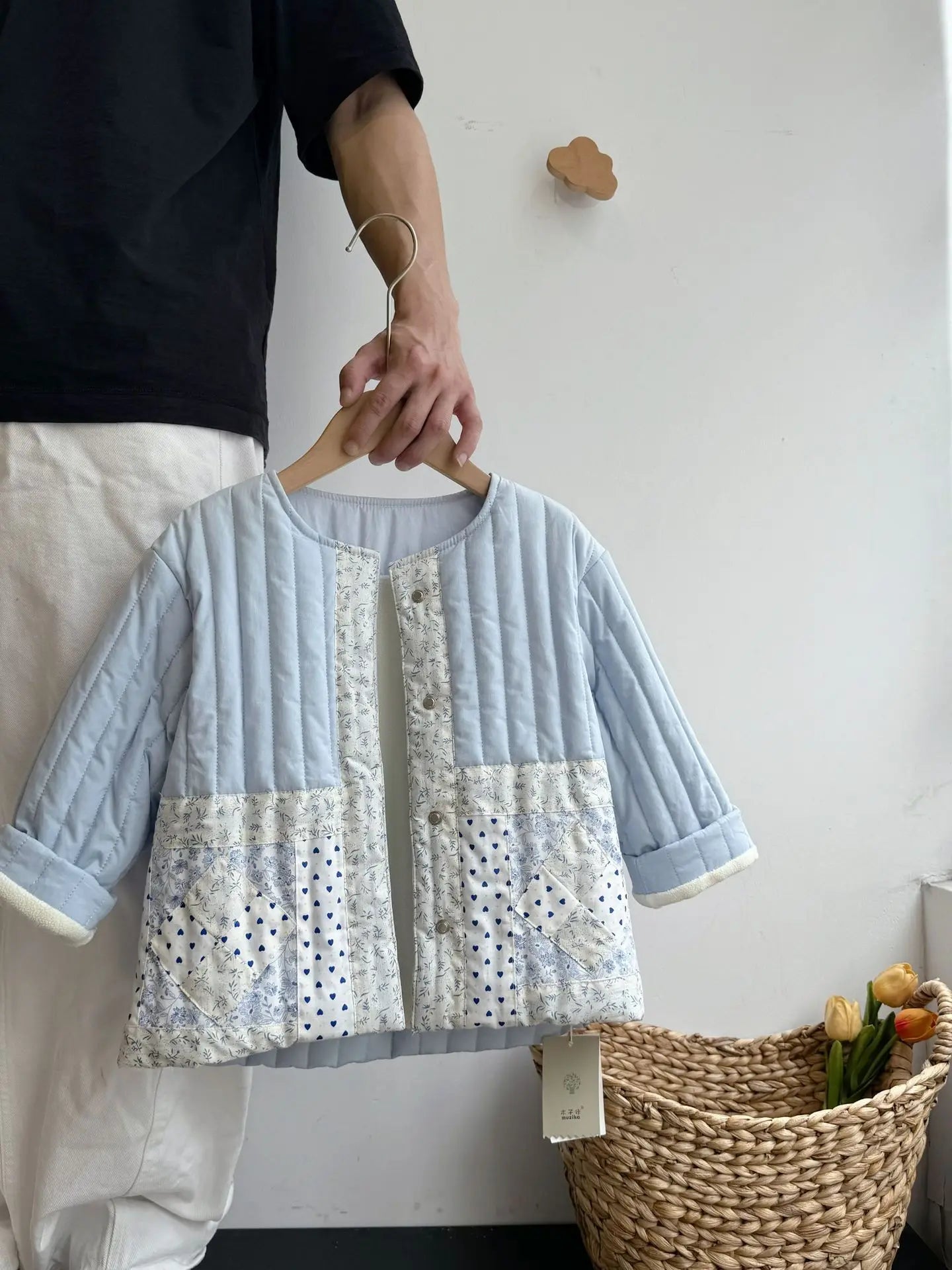 ショートコート・ジャケット・ジャンパー Blue / 100cm 2-3y キッズアウター/パンツ キルティング裏ボアフリースフラワーパッチワークノーカラージャケットコート/ロングルーズパンツ【mh0007533】