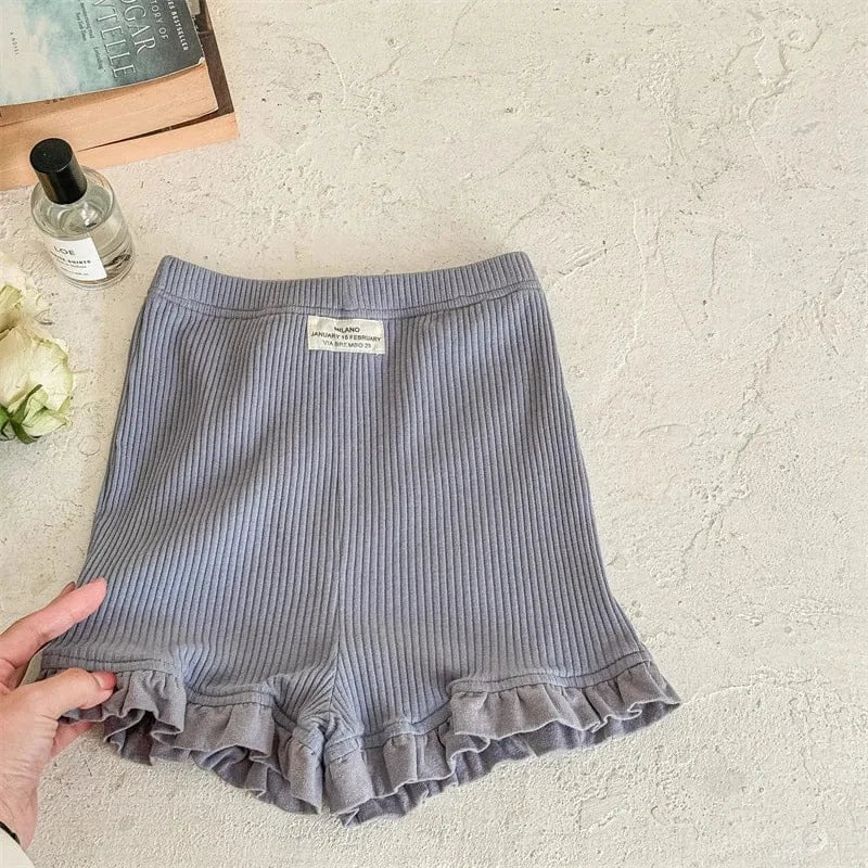 ハーフパンツ・ショートパンツ blue / 12M  80cm キッズパンツ ガールズ無地リブショートパンツ 幼児用フリルレース付きスキニーパンツ