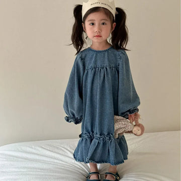 長袖ワンピース blue / 12M  80cm キッズワンピース デニム 長袖バルーンスリーブワンピース