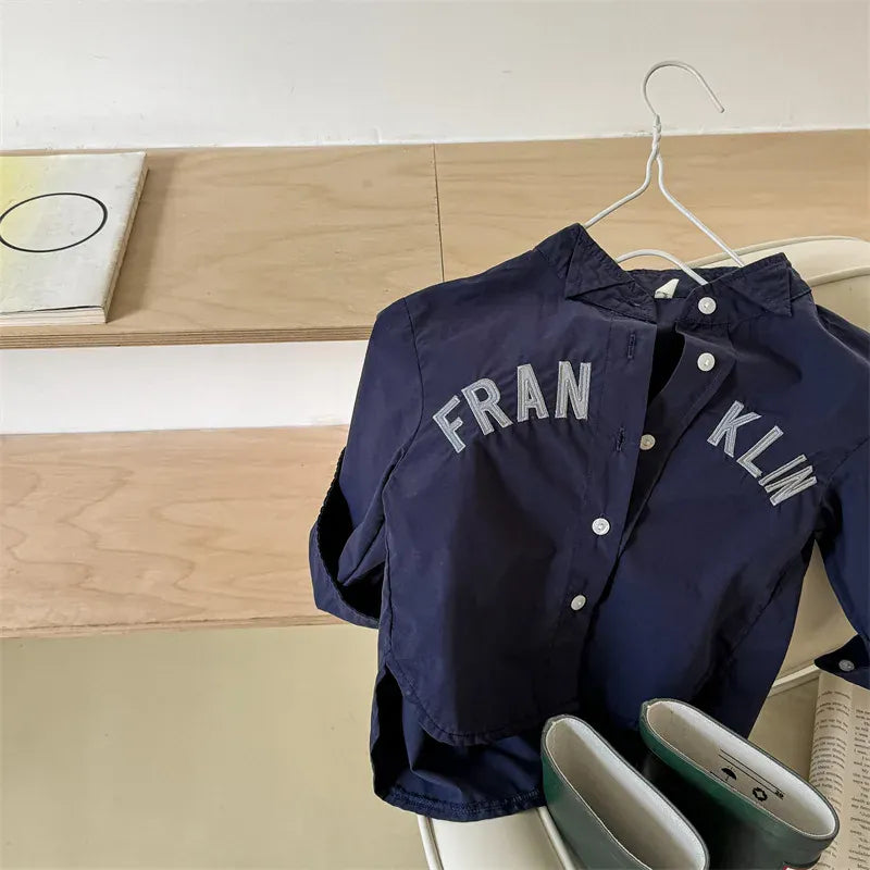 長袖シャツ・ブラウス blue / 12M  80CM キッズトップス レターロゴ刺繍長袖オーバーシャツ 2カラー