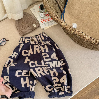 ロングパンツ・スウェットパンツ blue / 12M  80CM キッズパンツ ルーズロングワイドパンツ ブロックレターロゴプリント 2カラー