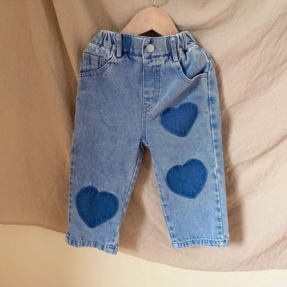 デニムパンツ blue / 12M  80cm キッズパンツ デニムパンツ ハート パッチワーク ルーズロングパンツ ジーンズ 2カラー