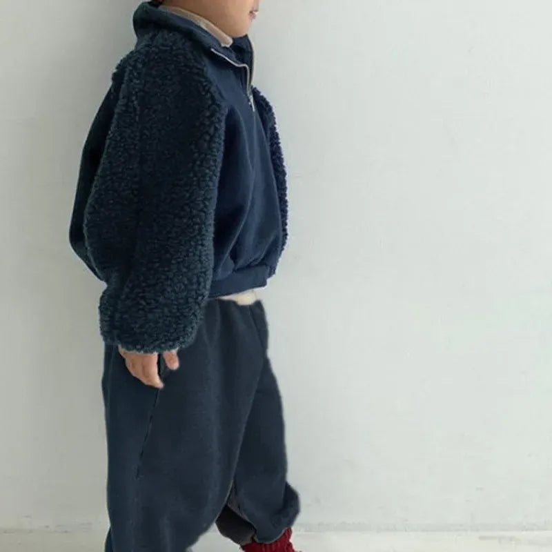 長袖セットアップ Blue / 12M  80CM キッズセットアップ 2点セット ボアフリースドッキングロゴワッペンハーフジップ長袖スウェットシャツ+ロングスウェットパンツ【mh0008359】