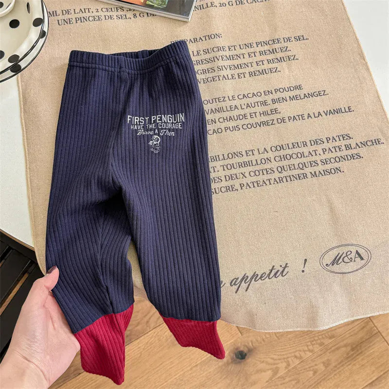 レギンスパンツ blue / 12M  80cm キッズパンツ ペンギンレターロゴプリントパッチワークリブレギンスパンツ 3カラー