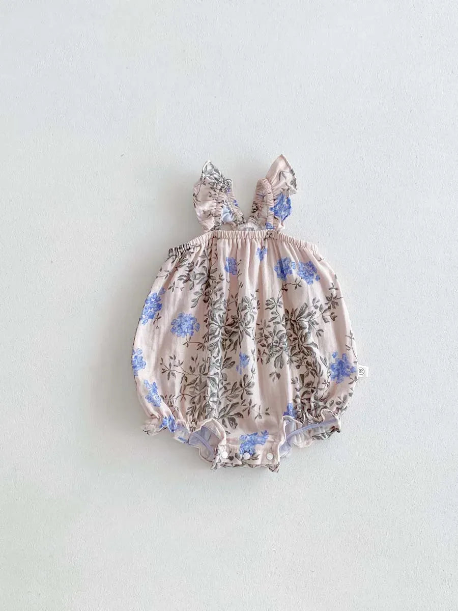 ノースリーブロンパース Blue / 12M  80CM ベビーロンパース フリルサスペンダーボディスーツ フラワー花柄プリント【mh0006193】