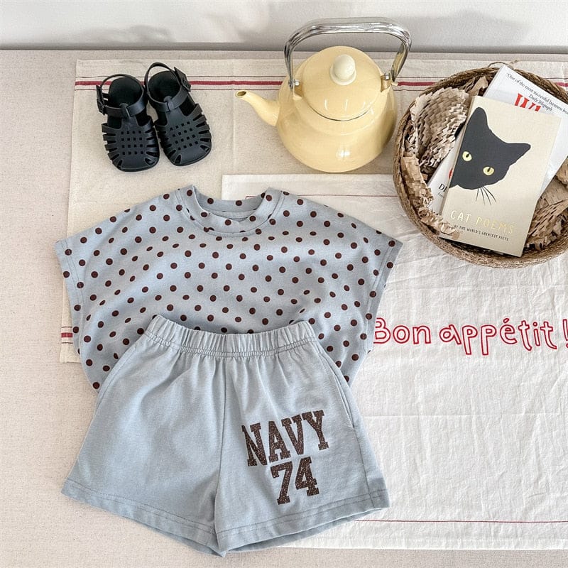 半袖セットアップ blue / 12M/80cm キッズ セットアップ 水玉 ドット レターロゴ プリント 半袖 Tシャツ ショートパンツ ブルー ダークグレー ユニセックス