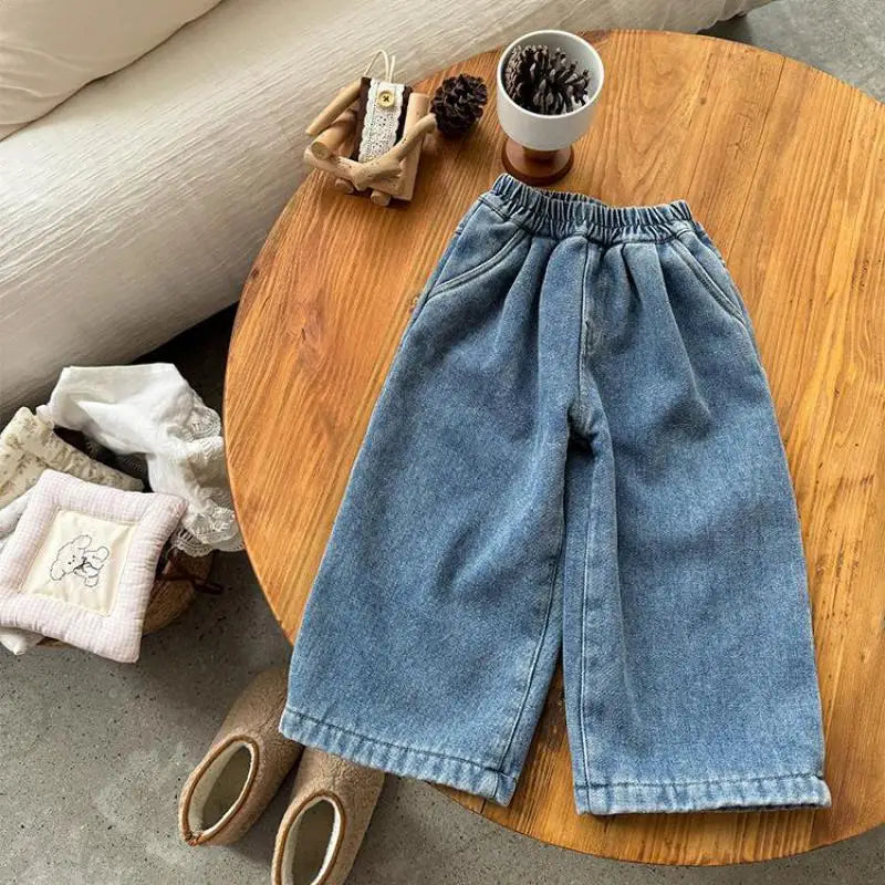 デニムパンツ Blue / 24M  90CM キッズパンツ 裏ボアフリース防寒デニムワイドバギージーンズパンツ【mh0007849】