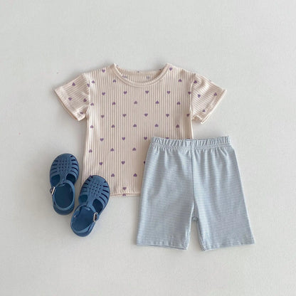 半袖パジャマ blue 2pc set / 80cm 9-12m キッズパジャマセット 半袖ハートプリントTシャツ+ボーダーショートパンツ ルームウェア 3カラー