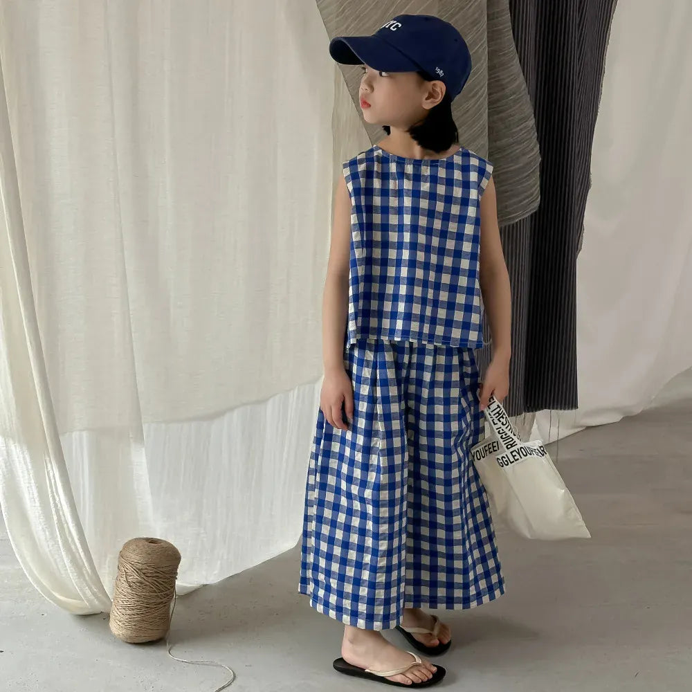 ノースリーブセットアップ blue 2pc set / 90cm 1-2y ☺︎ キッズセットアップ 2点セット ノースリーブブラウス+ワイドレッグパンツ チェック ブルー