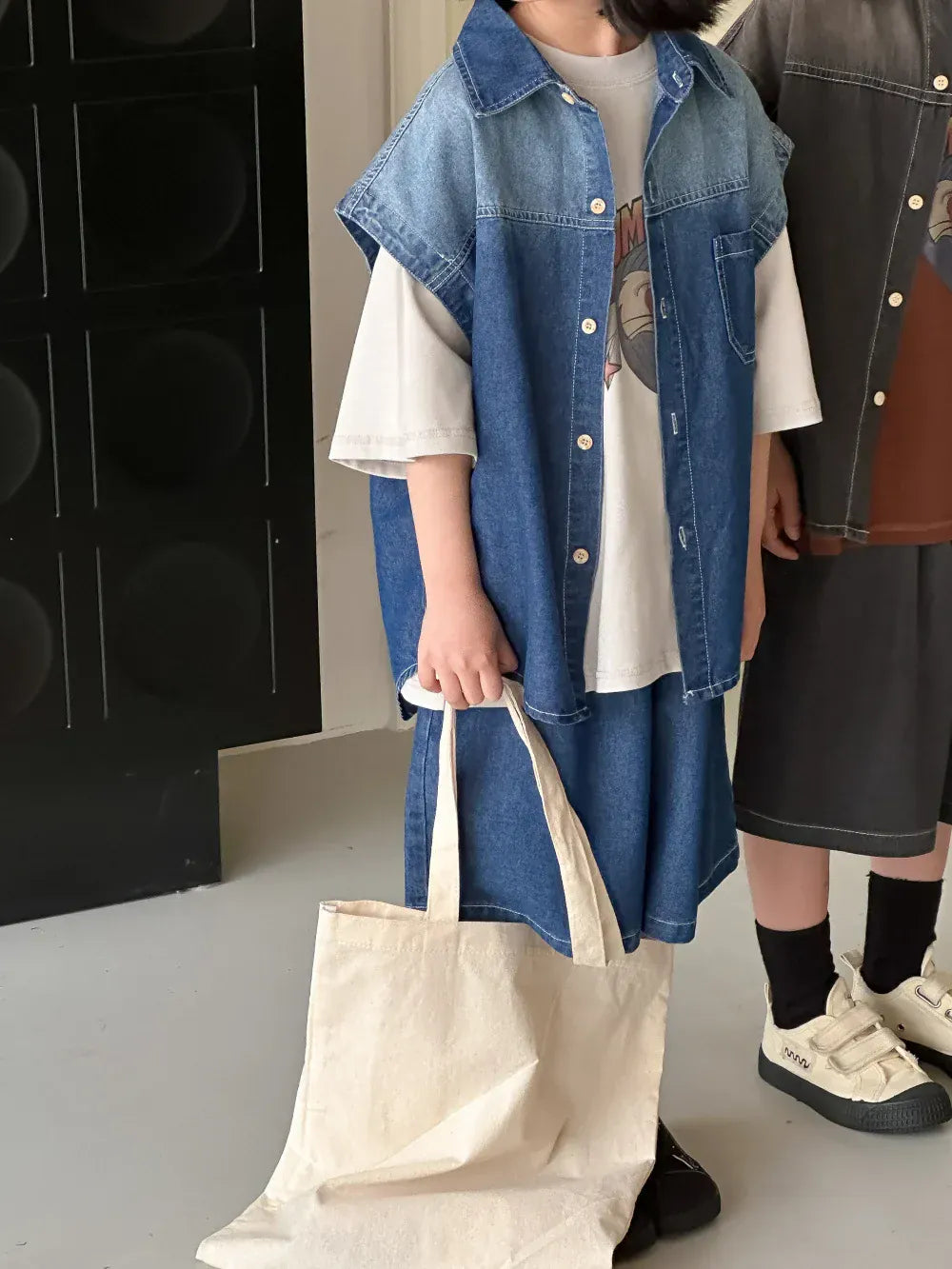 半袖セットアップ blue 2pc set / 90cm 1-2y キッズセットアップ 2点セット ショートスリーブシャツ+ハーフパンツ デニム 2カラー