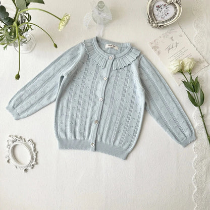カーディガン・パーカー blue / 2T (90) キッズカーディガン レースニットトップス フリル お出かけ ブルー/ピンク/2カラー