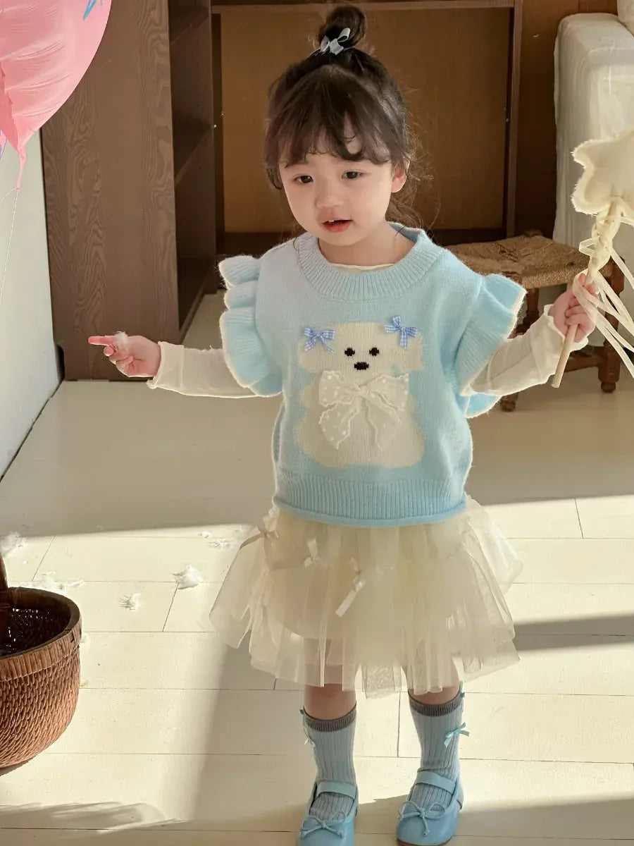 ベスト blue / 2T - 90 キッズベスト アニマルリボンラッフルフリルショルダーニットベスト【mh-0008677】