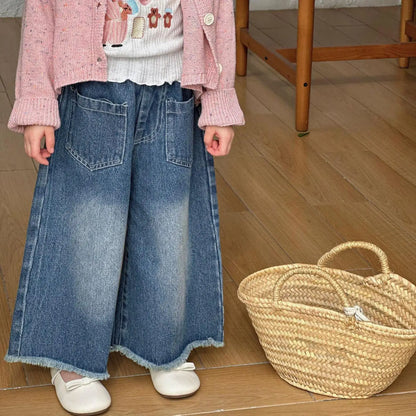 デニムパンツ blue / 2T  90cm キッズパンツ デニムパンツ ワイドルーズロングパンツ ガウチョ ジーンズ ジーパン