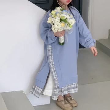 長袖ワンピース blue / 2T  90cm キッズワンピース スウェットワンピ サイドスリット チェックフリルドッキング 長袖ワンピース ドレス
