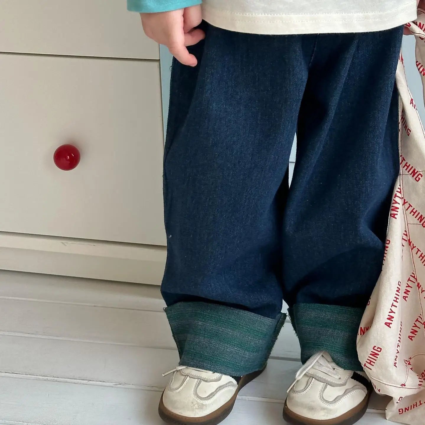 デニムパンツ blue / 2T  90cm キッズパンツ デニムパンツ ワイドルーズパンツ ロールアップ ジーンズ