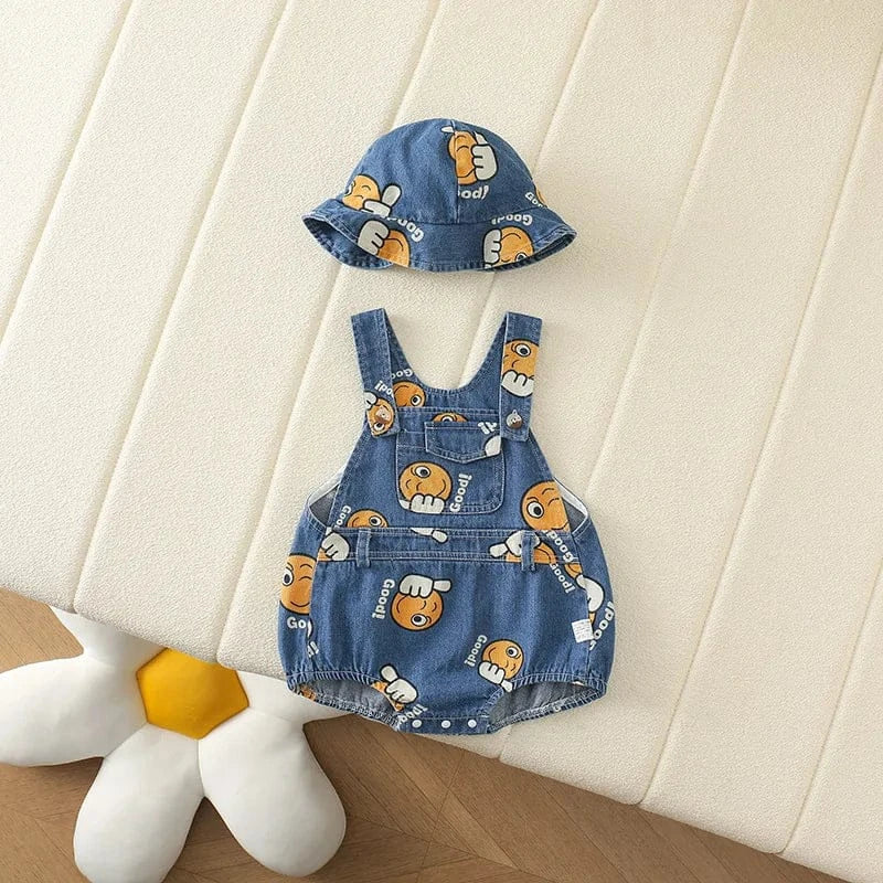 ノースリーブロンパース Blue / 3-6M 66cm ベビーオーバーオール 帽子セット デニムサスペンダーボディスーツ バケットハット スマイルプリント【mh0005768】