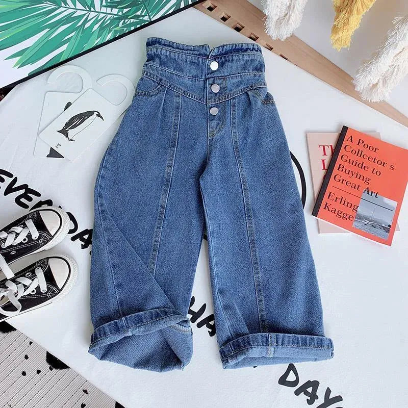デニムパンツ blue / 3T 90-100cm キッズジュニアパンツ デニムパンツ ハイウェストバギーパンツ ジーンズ ジーパン ブラック/ブルー/2カラー