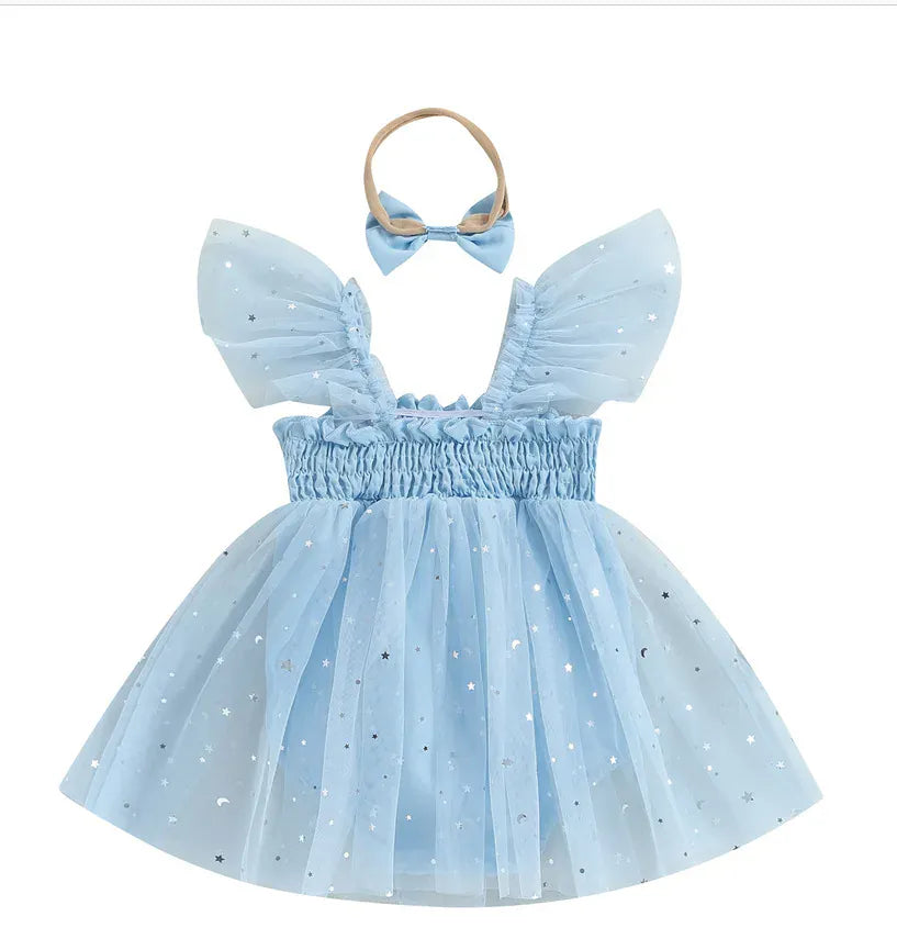 ノースリーブロンパース blue / 59cm 0-3M ベビーロンパース チュチュ チュールスカート スパンコール ベビードレス リボンヘアバンドセット 3カラー