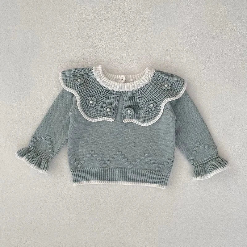 ニット・セーター blue / 66cm ベビートップス ニットフリルセーター フラワー刺繍 ブルー