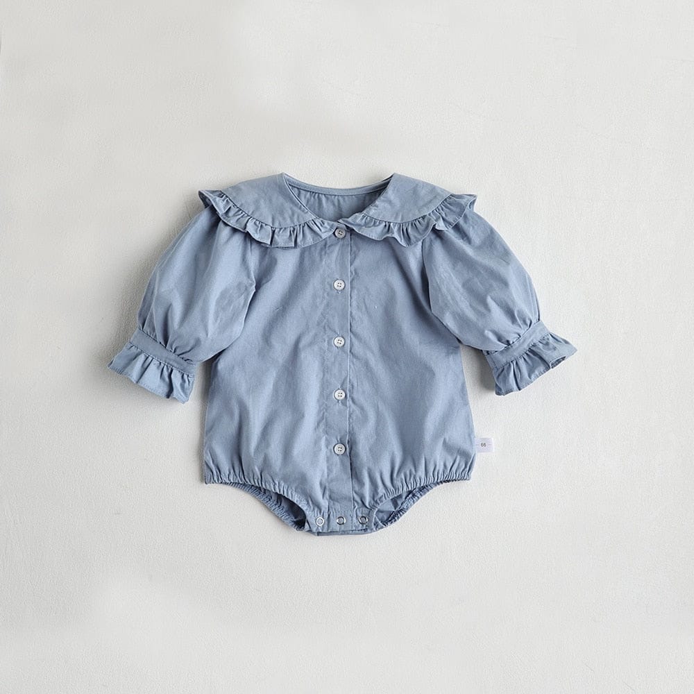 長袖ロンパース blue / 66cm ベビー フリルカラー  長袖 ブラウス ロンパース ホワイト ブルーガールズ