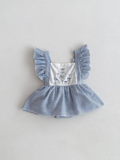 半袖ワンピース Blue / 66cm 0-6m ベビーロンパース フリルスリーブ ワンピースボディスーツ フラワー花柄刺繍 2カラー【mh0005255】