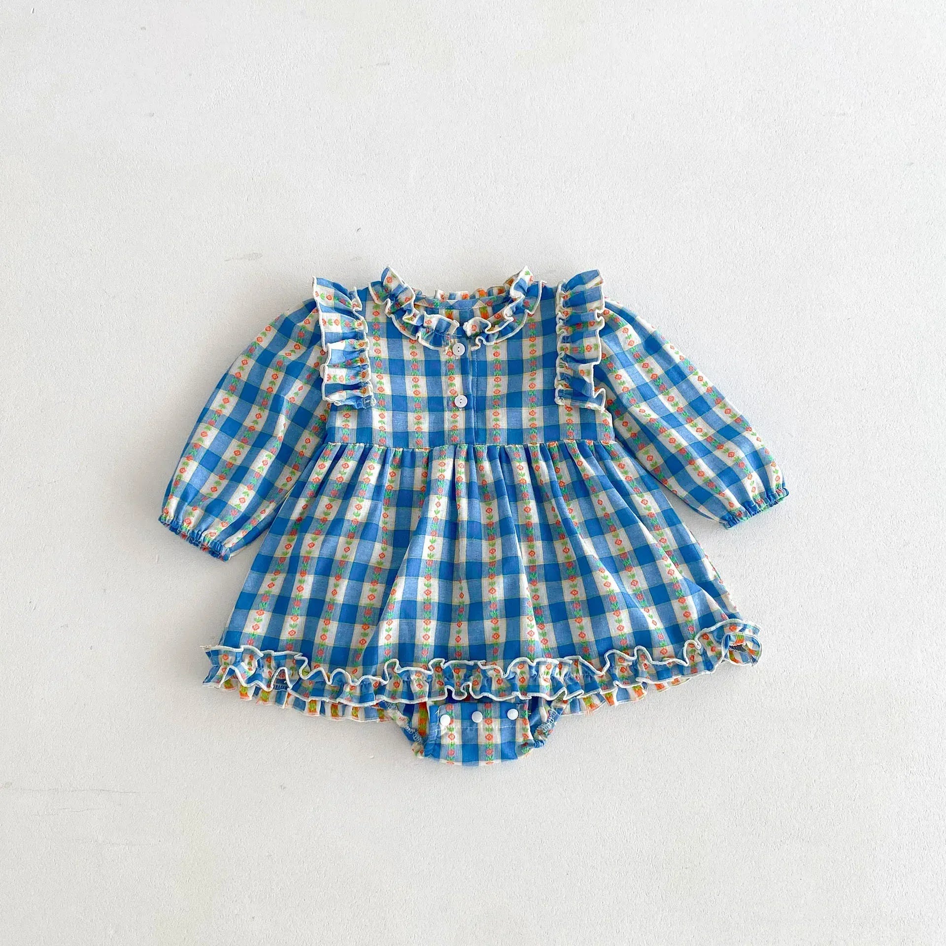 長袖ロンパース Blue / 66cm 0-6m ベビーロンパース チェックフリル長袖ワンピースボディスーツ ブルー【mh0007487】