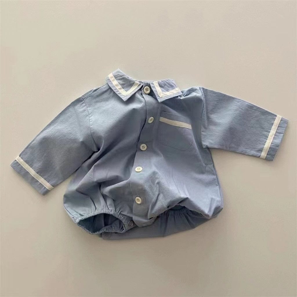 長袖ロンパース blue / 66cm ベビー 長袖シャツロンパース ライン入り ラペル襟 ブルー ベージュ 2色 ボーイズ 男の子 7728