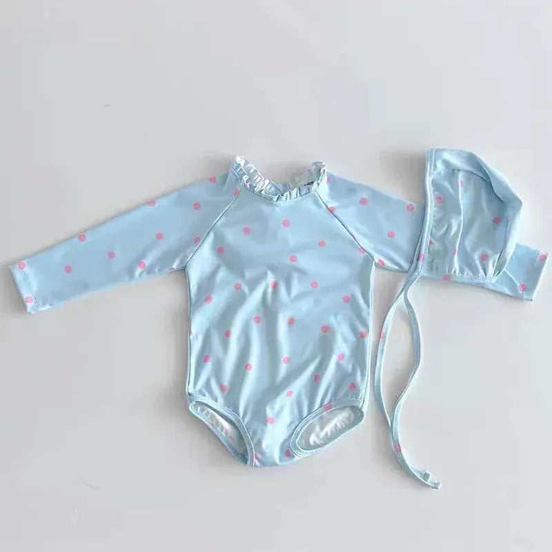 ベビー用水着 Blue / 66cm ベビー水着 帽子セット 長袖ワンピース バックレースアップ ガールズ スイムウェア スイムキャップ 2カラー【mh0005128】