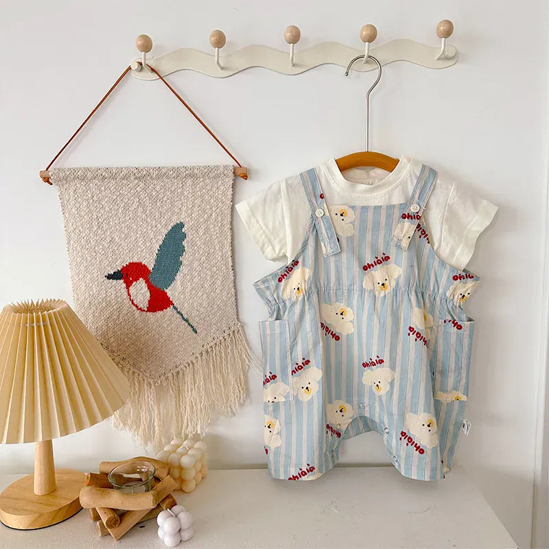 半袖セットアップ blue / 66cm ベビーセットアップ 2点セット 半袖Tシャツ+オーバーオール 犬パピープリント サロペット 2カラー