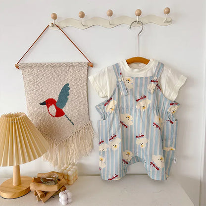 半袖セットアップ blue / 66cm ベビーセットアップ 2点セット 半袖Tシャツ+オーバーオール 犬パピープリント サロペット 2カラー