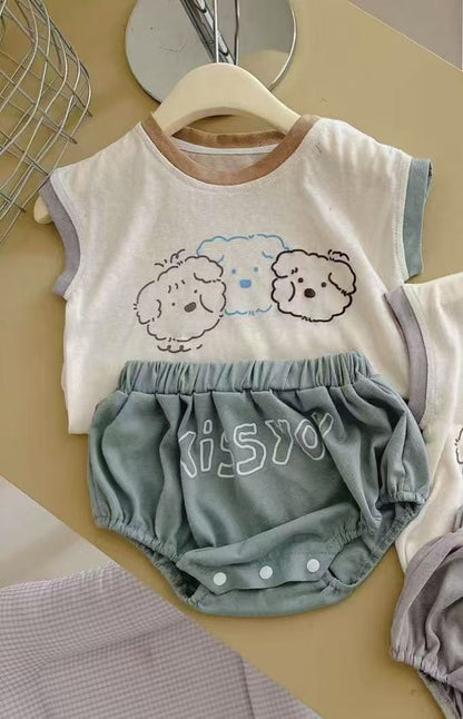 ノースリーブセットアップ Blue / 66cm cartoon pattern vest sleeveless bag pants suit【mh0009525】