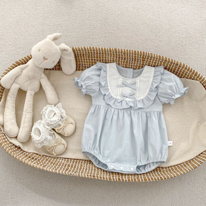 半袖ロンパース Blue / 66cm リボンフリル半袖パフスリーブロンパース【mh0009699】