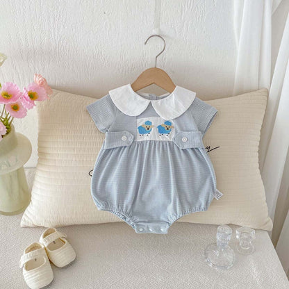 半袖ロンパース Blue / 66cm ひつじ刺繍丸襟ボーダー半袖ロンパース【mh0009759】