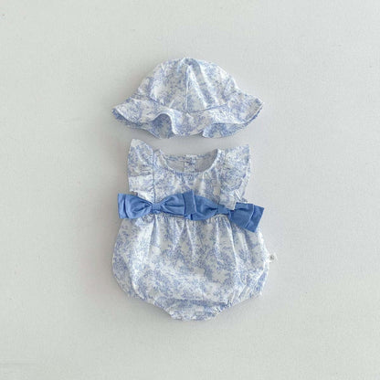 ノースリーブロンパース Blue / 66cm ビッグリボンフリル袖ロンパース+帽子セット【mh0010310】