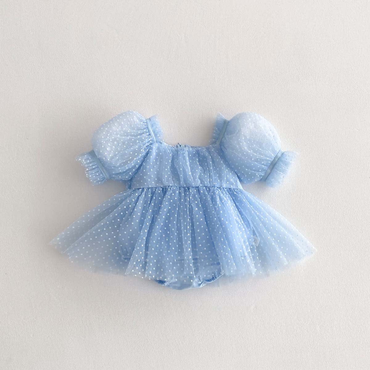 半袖ロンパース Blue / 66cm ピンドットチュール半袖パフスリーブドレスロンパース【mh0010324】