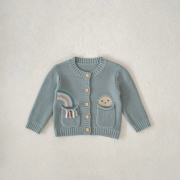 カーディガン・パーカー blue / 6M  66cm ベビーカーディガン ニットジャケット レインボー刺繍 ポケット ブルー
