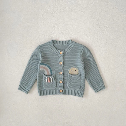 カーディガン・パーカー blue / 6M  66cm ベビーカーディガン ニットジャケット レインボー刺繍 ポケット ブルー