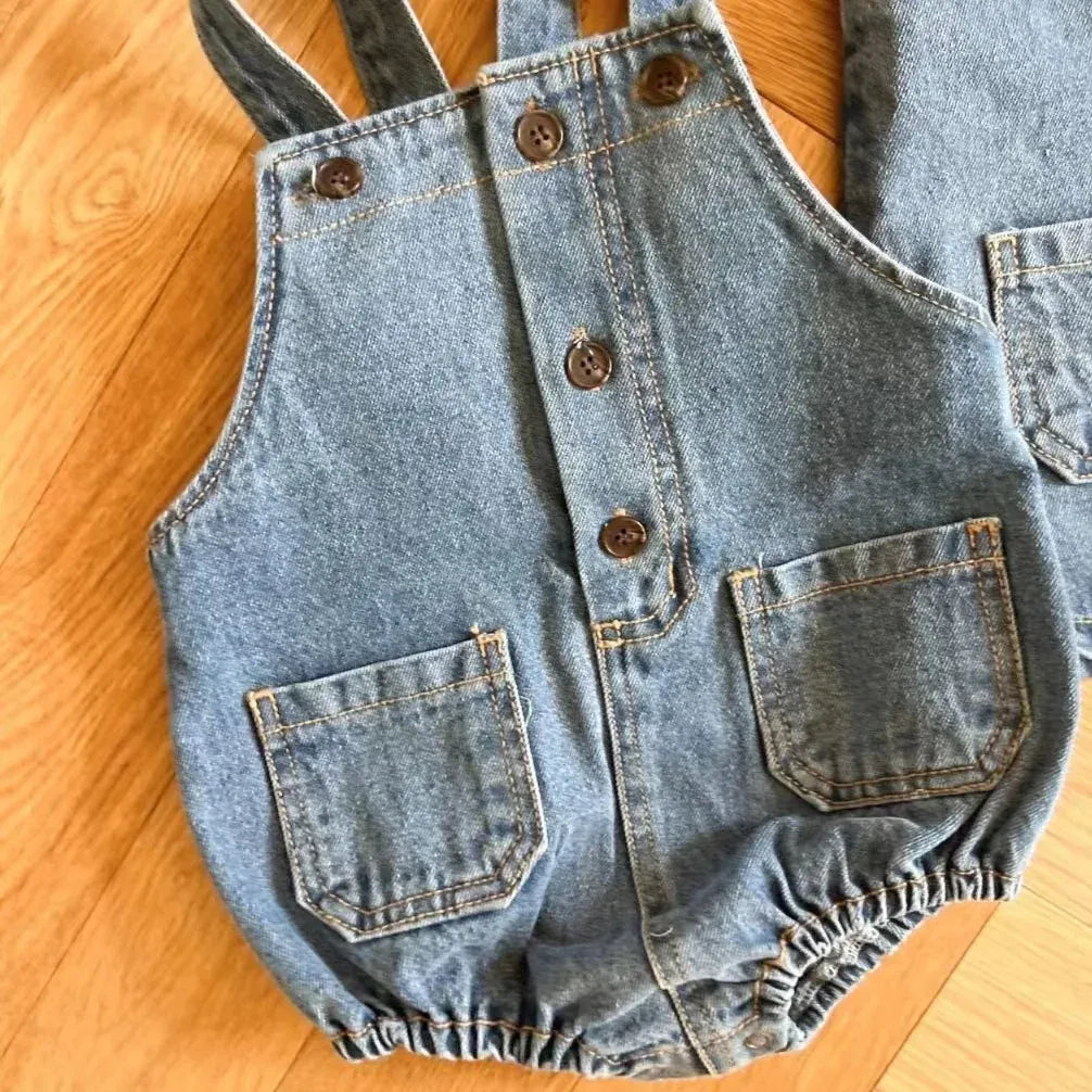 ノースリーブロンパース Blue / 6M 66cm ベビーロンパース デニムオーバーオール サスペンダーボディスーツ フロントボタン 2カラー【mh0006070】