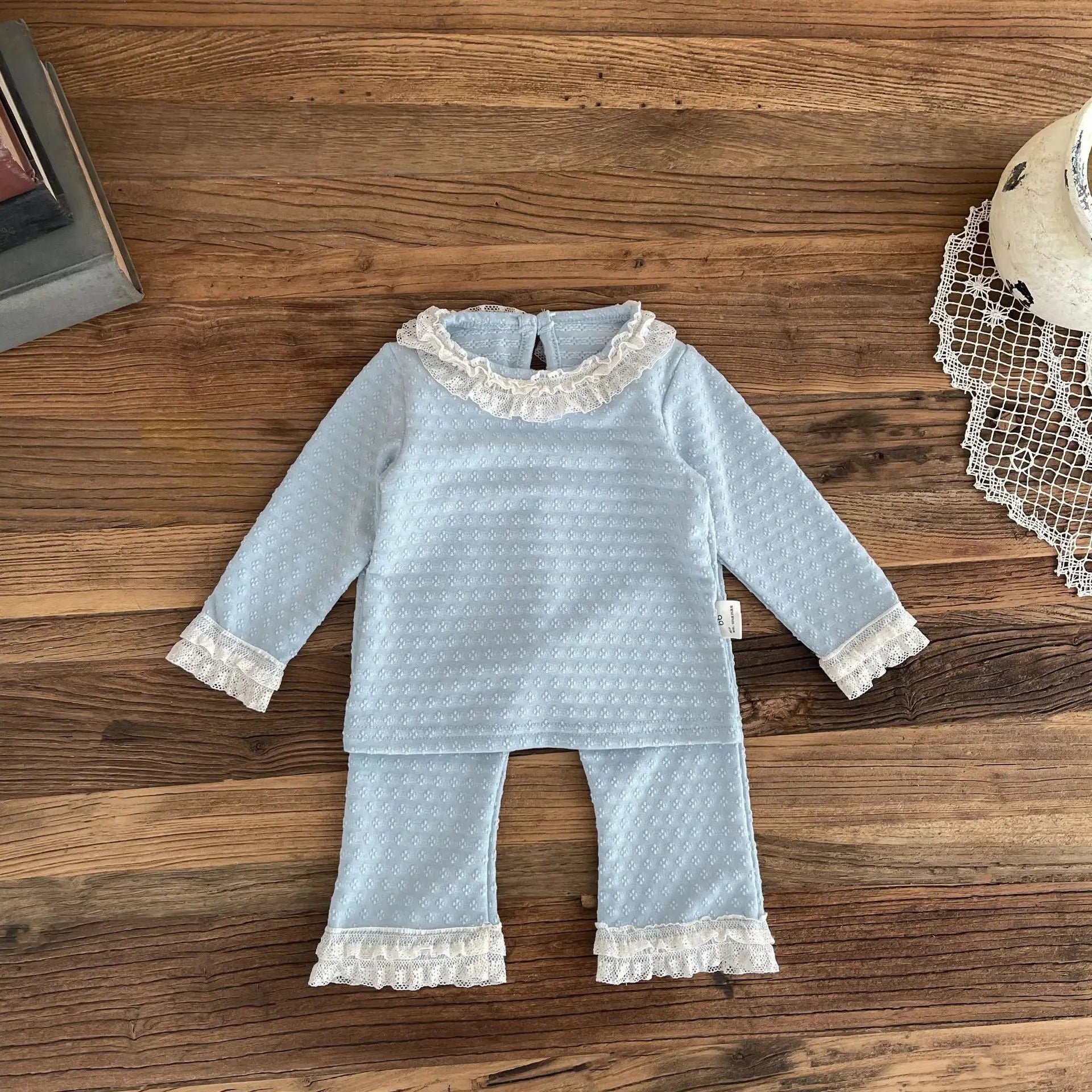 長袖セットアップ Blue / 6M  66CM ベビーセットアップ 2点セット レースフリル長袖Tシャツ+裾レースフリルパンツ 2カラー【mh0006714】