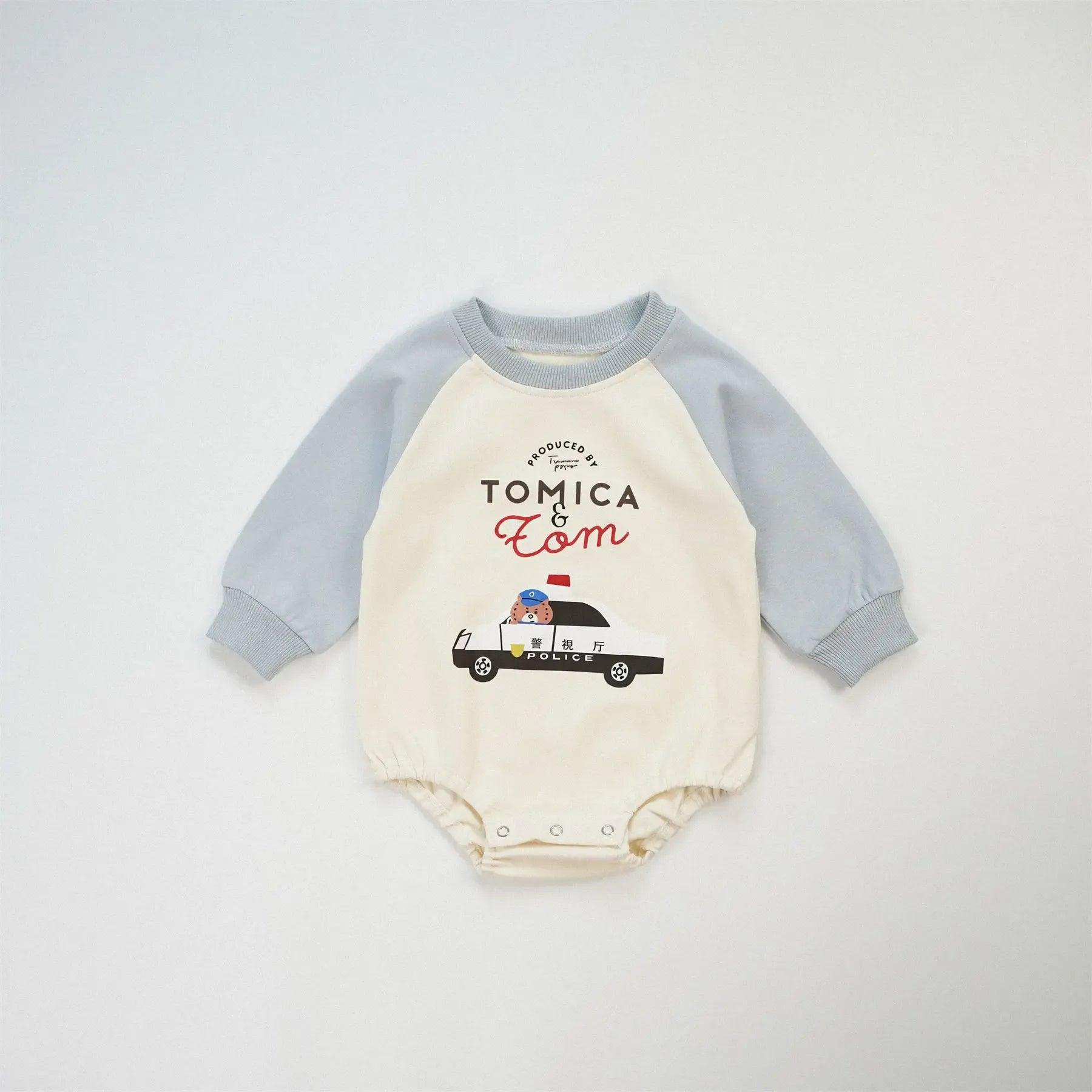 長袖ロンパース Blue / 6M  66CM ベビーロンパース 乗り物車プリントラグランパッチワーク長袖ボディスーツ 3カラー【mh0006963】